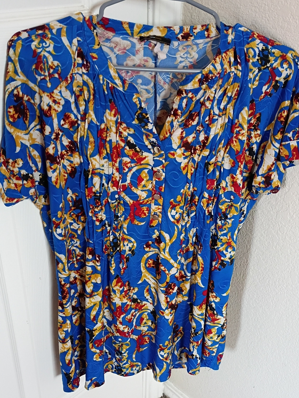 Vibrant Blue Floral-Print Short Sleeve Blouse